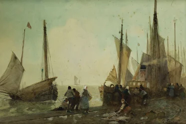 Lossing av fiskebåter på kaien, Bretagne,