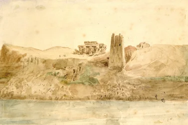 Kum Ombo. Akvarell av Hector Horeau (1801–1872), fransk arkitekt. Utsikt over ruinene av de gamle egyptiske tvillingtemplene fra Nilen, omtrent 45 kilometer nord for Aswan.