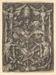 Design for en kandelaber-grotesk med en flaggermus i sentrum, 1550.