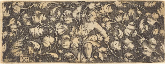 Ornament med løvverk og et barn i sentrum, 1539.