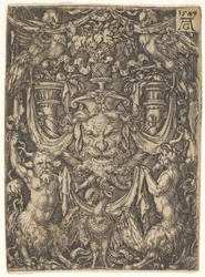 Ornamental design med en maske og en ørn mellom to fauner nedenfor, 1549.