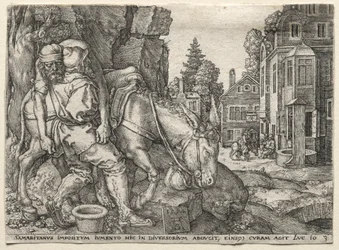 Lignelsen om den barmhjertige samaritan: Den barmhjertige samaritan som setter den reisende på eselet sitt, 1554.