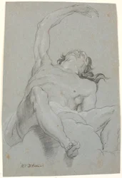 Naken mann, sett "de sotto in su". Studie for figur i takmaling