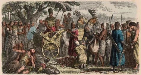 Det gamle Egypt: fangene brakt frem for den seirende farao Ramses II for å få hendene kuttet av, 1866