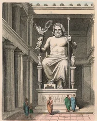 Antikkens Hellas: Zevs-statue i tempelet i Olympia - skulptur av Fidias, ca. 440/30 f.Kr., et av verdens sju underverker