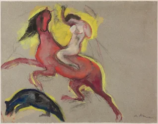 Amazonas med hest. Studie av «Amazonsslaget» i Drove Castle, ca. 1911–12 (pastell, gouache og kritt på papir)