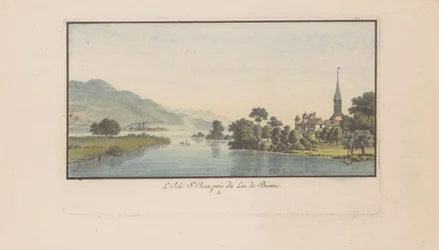 Utsikt over St. Petersinsel ved innsjøen Bielersee L'Isle St. Jean, près du Lac de Bienne (tittel på objekt) Landskap i Sveits (serietittel) Sammlung einiger Aussichten in der Schweiz (serietittel)