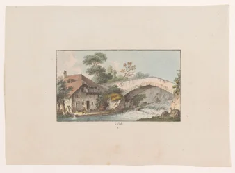 Utsikt over et hus ved en bro i Orbe à Orbe (tittel på objekt) Utsikt over Sveits (serietittel) Collection de quelques vues dessinées en Suisse d