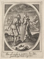 En mann går mot en kvinne som holder en beger mot munnen, en vannmølle og fjell..., ca. 1585-1621.