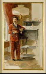 Johann Strauss sønn ved sitt høye skrivebord i arbeidsrommet sitt … (akvarell)