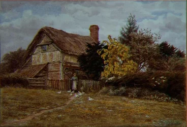 Laburnum Cottage: en kvinne som mater ender (akvarell)