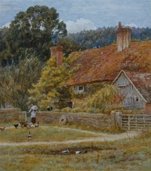 Netley Farm, Shere, Surrey (akvarell med utskraping)