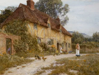 Old Kentish Cottage (akvarell med utskraping på papir)