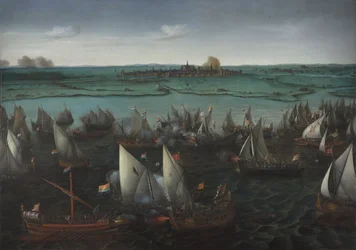 Kamp mellom nederlandske og spanske skip på Haarlemmermeer, ca. 1629 (olje på lerret)