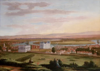Utsikt over Greenwich og Queen#39;s House fra sørøst, rundt 1670, med Old Woolwich Road som går under Queen#39;s House til venstre og King#39;s New House synlig til høyre (nåværende King Charles Court of Justice Building (tidligere Royal Navy) 