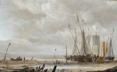 En strandscene med fiskebåter tegnet opp