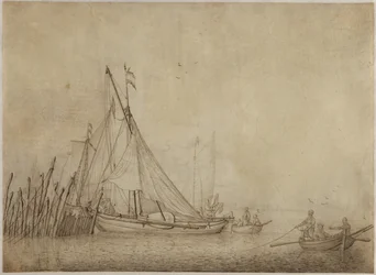 Skip ved en fiskedemning med en by i bakgrunnen