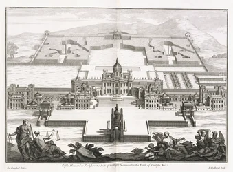Castle Howard i Yorkshire, fra "Vitruvius Britannicus", eller "The British Architect, som inneholder planene, forhøyningene og seksjonene av de vanlige bygningene både offentlige og private, i Storbritannia" av Colin Campbell