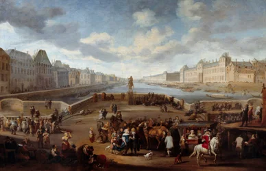 Utsikt over Paris med Louvre, tatt fra Henri IV-broen (Actuel Pont Neuf). Maleri av Hendricks Mommers (1623-1693)