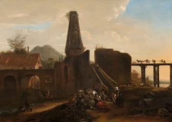 Resende reisende ved siden av klassiske ruiner, 1663 olje på lerret