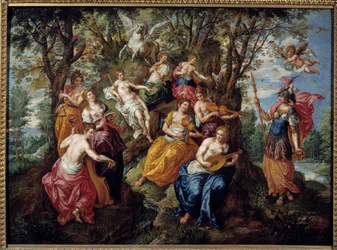 Besøk av Minerva ved Muses Maleri av Hendrick de Clerk (1570-1629) (ec.flam.) Chalons Sur Marne fra 1600-tallet. Museum of Fine Arts