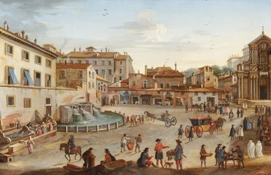 Roma, utsikt over Palazzo Barberini med mange figurer (olje på kobber)