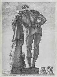 Sett bakfra av Farnese Hercules (kobbergravering)