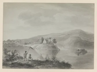 Utsikt over en elv med noen hus, muligens Berg en Dal