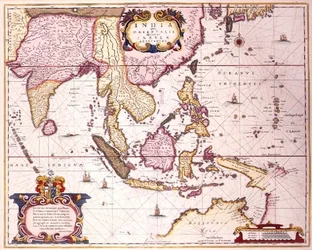 Generelt kart som strekker seg fra India til Sør-Japan og Nord-Australia gjennom den indonesiske skjærgården og Filippinene, ca. 1700 (farget gravering)