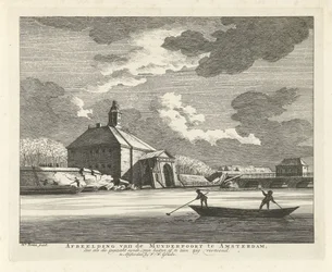 Sagging Muiderpoort, sett fra Singelgracht, 1769 Bilde av Muyderpoort i Amsterdam, Zoo som den kollapsede synden, kan sees fra utsiden, sikksakk (tittel på objekt)