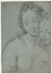 To kvinnelige hoder. Studies for the Right Half in Carlo Maratta Painter: Self-Portrait with Marquese Pallavicini, stourhead, National Trust, England (ref. Arte Antica e Moderna, 1961, nr. 181)