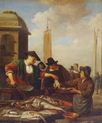 En fiskebod ved en havn (olje på panel)