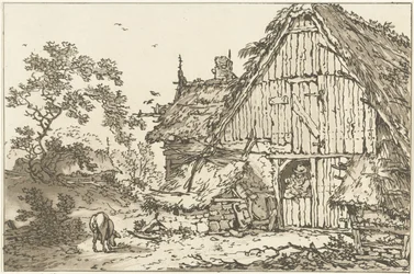 Boerderij med twee mennesker i døråpningen Tolv design beregnet for bruk av de som lærer å tegne landskap (serietittel)