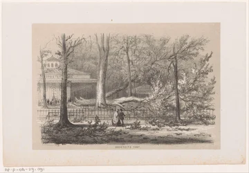 Tre blåst ned ved klubben, etter stormen 28. mai 1860 Sosialtelt (tittel på objekt) Album med ti litografiske skisser, som viser Tooneelen of the Destruction, agitert av stormen 28. mai 1860 i 