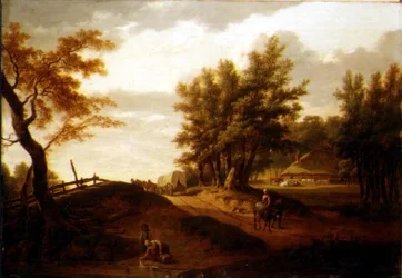 Et skogslandskap med en vogn og bønder som reiser på en vei, en vaskekone ved en dam og en gård bortenfor