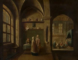 Et renessanseinteriør med figurer: The Birth of St John, ca. 1600-49 (olje på kobber)