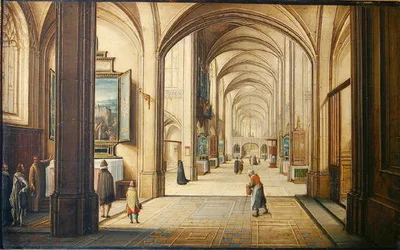 Kirkeinteriør med en sakristan som viser et maleri til besøkende, 1608 (olje på kort)