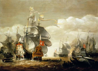 Slaget ved Lowestoft, 3. juni 1665, viser HMS #39;Royal Charles#39; og #39;Eendracht#39;, midten av 1600-tallet (olje på tre)