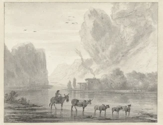 Rocky River-landskap med en gjeter med storfe og sauer