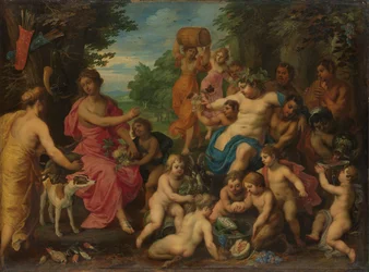 Diana tilbød vin og frukt av Bacchus og hans følge