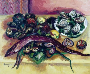 Stilleben med ål, maleri av Henri Charles Manguin (1874-1949). Frankrike, 1900-tallet.