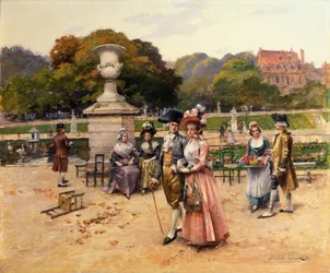 Elegante figurer som spaserer i en park (olje på panel)