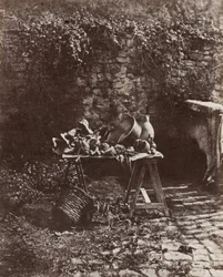 Stilleben: Gryte, mugge og grønnsaker på et sagbukkebord, ca. 1852 (foto)