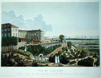 Prosesjon før en kalvarie reist av misjonene ved Mont Valerien, nær Paris, gravert av Queverdo