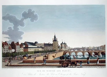 Utsikt over blomstermarkedet ved Palais de Justice, ca. 1816-20 (farget gravering)