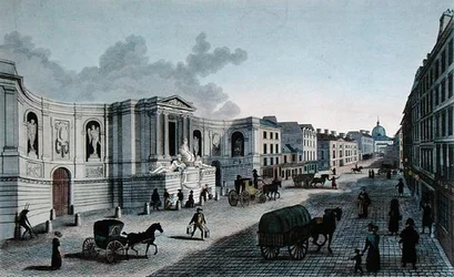 Utsikt over fontenen på Rue de Grenelle, Faubourg St. Germain, gravert av Grimbergen, ca. 1815-20 (farget gravering)