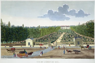 Utsikt over Jardin du Roi i Paris fra broen i Austerlitz, gravert av Claude Fortier (1775-1835) (fargegravering)