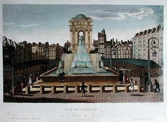 Utsikt over Marche des Innocents, gravert av Eugene Dubois, ca. 1815-20 (farget gravering)