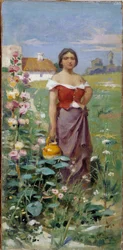 Camargaise en kanne Ung kvinne kledd med en sigøyner på et felt. Maleri av Adrien Henri Tanoux (1865-1923) 20. århundre Obligatorisk omtale: Collection fondation regards de Provence, Marseille