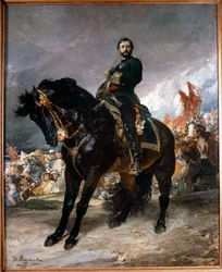 September-revolusjonen (Gloriosa): "" General Juan Prim (1843-1871) rir foran Madrid, i spissen for opprørene under den spanske revolusjonen 8. oktober